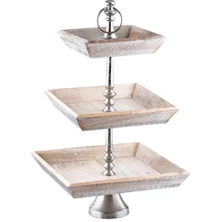 Marrakesch Orient & Mediterran Interior Etagere Vintage Obst-Etagere Ansgar 3 Etagen edel aus Holz und Aluminium 54 cm, Aluminium, Holz, (1-tlg), Handarbeit braun|silberfarben Ø 31 cm x 31 cm x 31 cm x 54 cm x 31 cm