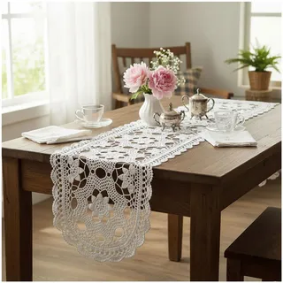 Ovaler Spitzen-Tischläufer, Geklöppelt Handgehäkelte Tischläufer im Landhausstil, Baumwolle Placemat Couchtischauflage Gestickte Tischdecke Für Schrank, Hochzeit, Festival, Party, Dekor (30*90cm)