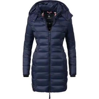Marikoo Damen, Wintermantel Warmer Steppmantel lang mit Abnehmbarer Kapuze Abendsternchen blau, Gr. L - L