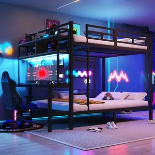 Merax Etagenbett 140x200 cm aus Metall, Hochbett mit Schreibtisch und Rausfallschutz, Stockbett mit Ablagefach, LED und USB-Anschluss, Jugendbett Bettgestell (ohne Matratze), Schwarz