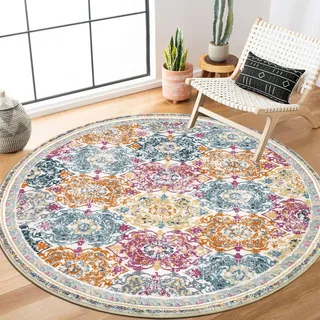 Enyhom Teppich Rund 120cm Boho, Hochflor Küchenteppich Waschbarer Wohnzimmerteppich Extra Weicher Kreis Teppich für Schlafzimmer Esszimmer Studie Kinderzimmer, Bunte