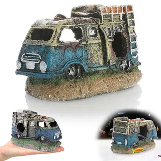 Qanye Aquarium Dekoration Auto Wrack, Harz Ornamente Realistisches Bus & PKW Versteck für Fische & Garnelen, Landschaftsbau Deko zum Spielen, Paaren & Ausruhen (Wohnmobil), 12.5 x 8 x 7.5 cm