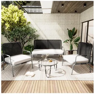 MODFU Gartenlounge-Set für 4 Personen mit Eisenrahmen, (4-tlg., 2-Sitzer, 2 Sessel, 1 Couchtisch), Poly Rattan Sitzgruppe mit abnehmbarer und waschbarer Stoffbezug grau