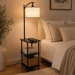 LuminexDesigns Vintage Stehlampe mit Regal, Holz Stehleuchte mit Ladestation, Walnuss Retro mit 3-Ebenen Stauraum, Schwenkbar für Wohnzimmer, Schlafzimmer, Ecke, Arbeitszimmer WOVI FL04