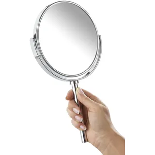 WENKO Power-Loc Kosmetik Handspiegel mit Halter Elegance - Befestigen ohne bohren, Spiegelfläche 13 cm 300 % Vergrößerung, Stahl, 16.5 x 28 x 10.5 cm Silber