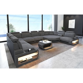 Sofa Dreams Wohnlandschaft Stoff Sofa Polster Couch Asti, Webstoff Strukturstoff, U Form Stoffsofa mit LED, USB-Anschluss, große Ecke, Designersofa grau|schwarz