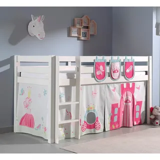 Spielbett Hochbett Kinderbett 90x200 Vorhang Prinzessin Weiß Rosa Holzbett Pink