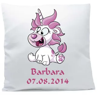 personalisiertes Kissen Sternzeichen mit Namen und Wunschtext ★ Einhorn pink ★ 40x40 cm inkl. Füllung (Löwe, Vorderseite + RS weiß strukturierte Oberfläche)