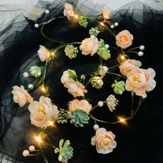 Künstliche Rosen Sukkulenten Girlande mit 2m20 LED-Lichterkette für Valentinstag Innen Dekoration(2m/20led, Sekt Rose)