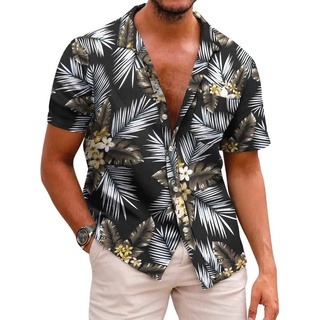Opspring Kurzarmhemd Herren Hawaiihemd Sommer Hemd Freizeit Blumen Shirt Urlaub Strand Hemd L