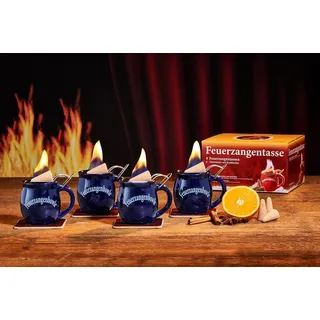 Feuerzangentasse Bowle-Set Feuerzangentasse 4er-Set (Feuerzangenbowle Set, 9-tlg., 4x Feuerzangentasse, 4x Korkuntersetzer, 1x Rezeptheftchen), hitzebeständige Keramik, Edelstahl-Feuerzange blau