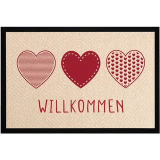 MoonWorks® Fußmatte Willkommen Motiv Herzen Türmatte Deko Haustür Eingang rutschfest & waschbar Beige-rot 60x40cm