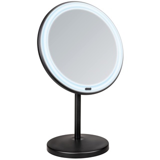 WENKO LED Stand-Kosmetikspiegel Onno, dimmbarer Spiegel mit LED-Beleuchtung und 5-fach Vergrößerung, Ein-/Ausschalten per Touch-Funktion, Betrieb mit Batterien oder USB-Kabel, 20x34x13,5 cm, Schwarz