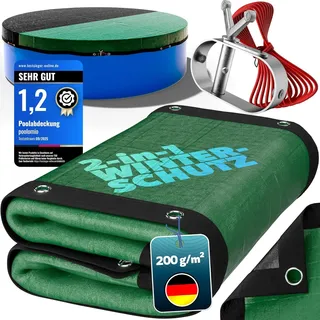 poolomio Poolabdeckung oval 630 x 360 cm, Winterabdeckung Pool | Abdeckplane für Pool oval 6,3 x 3,6 m – 200 g/m2 robustes, UV-resistentes PE – Stahlseil & Ratsche – Echtmaß: 690 x 420 cm