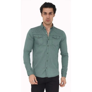 Megaman Jeans Langarmhemd Herren Hemd Basic Freizeithemd Unifarben Langarm Slim-Fit grün 6XL
