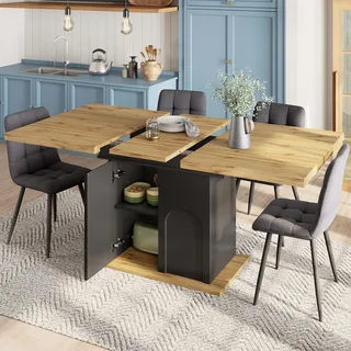 Merax Esstisch Holz, Ausziehbar Esszimmertische 110/140x80 cm, Rechteckiger Küchentisch mit Stauraum, platzsparender Teleskoptisch für Wohnzimmer, multifunktional für 4–6 Personen, Holzoptik & Schwarz