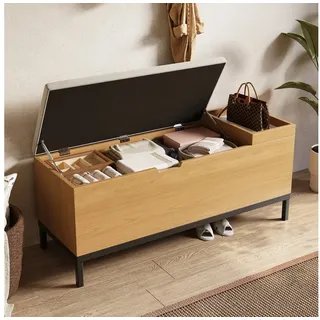 Flieks Polsterbank Sitzbank Bettbank mit aufklappbarer Aufbewahrungsbox (115×49,5×40 cm, 1-St., Sitzkissen aus Leinen), Sitzschrank mit Stauraum Schuhbank Holzoptik, Metallgestell beige