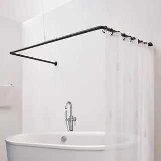 Crkmire Duschvorhangstange U Form Duschstange 88x176x88 cm | Eckduschstange aus Stahl, Matt Schwarz | Inkl. Deckenstütze & 12 Haken | Montageset