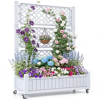 Pflanzkasten mit Rankgitter, Hochbeet für Balkon, 108,5x44x155cm, Garten Rankgitter mit Rädern, Gemüse- Blumenkasten, Weiß - Weiß