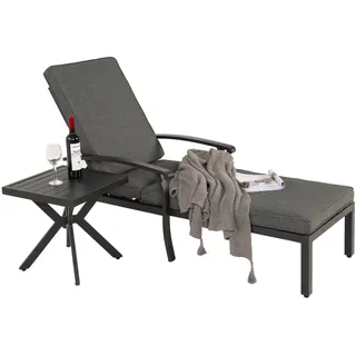 LVHOM Gartenliege Sonnenliege mit 5-Fach höhenverstellbarer Rückenlehne, bis 120kg, 1xLiege, Baumwollkissen, ergonomische Armlehnen, rostfreies Aluminiumgestell, witterungsbeständig, rutschfestes Design kann mit einem kleinen Beistelltisch kombiniert werden, geeignet zum Entspannen, Lesen oder Sonnenbaden, für Garten, Poolbereich, Terrasse grau