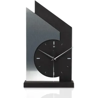 Kreative Feder Standuhr „Skyscraper“ aus Holz – Schwarze Tisch-Uhr mit silberfarbener Applikation aus gebürstetem Aluminium; Größe ca. 34,5x20x5cm (Applikation Alu Silber, leises Quarzuhrwerk)