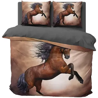 FEBE 3D Bettwäsche Pferd Bettbezug-Set 135x200 + Kissenbezug 80x80 cm Wendebettwäsche 2 Teilig mit Reißveschluss