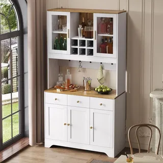 Merax Hochschrank Sideboard 94,5 x 30 x 175,5 cm, Vitrine Weiß mit Holzmaserung, Viel Stauraum, Soft-Close-Scharniere & Landhausstil für Wohn- & ... - Weiß