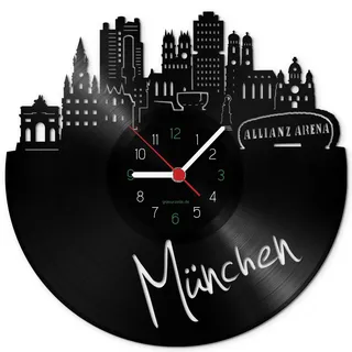 GRAVURZEILE Schallplattenuhr - Skyline München - Wanduhr aus gegossenem Vinyl mit Stadt Skyline 30 cm - Upcycling Design-Uhr Wand-Deko Vintage Wand-Dekoration Retro-Uhr - Made in Germany