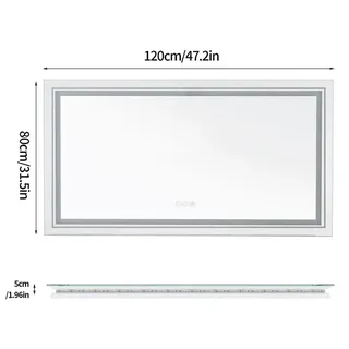 LED Badspiegel - Rektangularer Wandspiegel - 120 x 80 cm XXL - Antibeschlag - 3-farbiges dimmbares Licht - Memory-Funktion - Touch 3-Tasten-Schalte...
