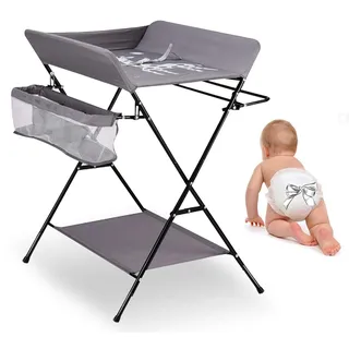 RELOVE Wickelkommode, faltbar, für Babys, beweglicher Wickeltisch mit Sicherheitsgurt und Aufbewahrungsfächern, Wickelkommode, ergonomisches Design (grau)