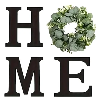 Home Sign Wanddekoration - Buchstaben Aus Holz - Rustikale Deko Mit Künstlichem Eukalyptuskranz Für Feiertage Hochzeit Wohnungsein
