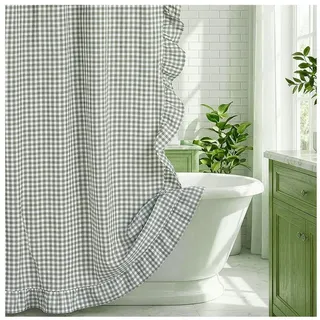 Zyronn Duschvorhang Duschvorhang mit Karomuster und Rüschen im Vintage-Landhausstil, (72 x 72 Zoll),Baumwolle mit Karomuster im Landhausstil,Duschvorhang grün