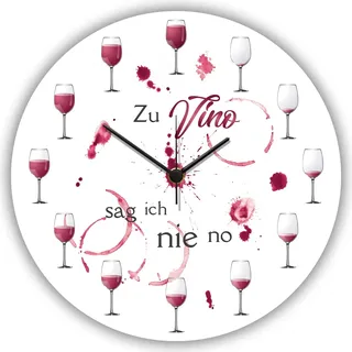 GRAVURZEILE Wanduhr aus Holz Zu Vino sag ich nie no - Wein Geschenk Deko Idee - 100% Lautlos kein Ticken absolut geräuschlos - 30 cm Ø - Design Wanduhren für Wohnzimmer Schlafzimmer & Küche