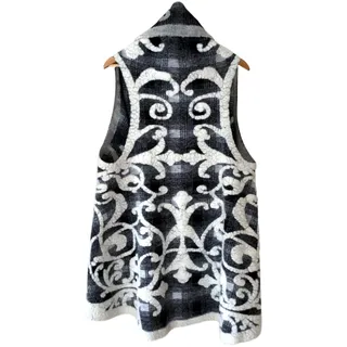 Poncho Weste Cardigan ohne Arm 100% Wolle anthrazit/weiß Gemustert Einheitsgröße - Einheitsgröße Große Größen