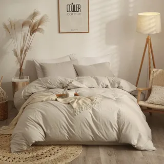 AMWAN Solid Beige Duvet Cover Full Size Soft Washed Cotton Beige Bedding Sets Modern Style Boho Beige Comforter Cover Solid Color Beige Tan Duvet Cover 1 Full Duvet Cover with 2 Pillow Shams