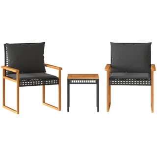 vidaXL 3-tlg Bistro-Set mit Kissen Schwarz Poly Rattan Akazienholz