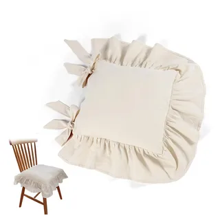 Diwzbyn Stuhlkissen Stuhlkissenbezug mit Rüschen & Schleifen,mit Bindebänder, Stuhlhusse Landhausstil ohne Füllung,für Indoor und Outdoor beige 50 cm x 50 cm