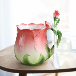 Kaffeetassen,Cappuccino Tassen Set Email Keramik Kaffeetasse Kreative 3D Rose Blume Form Teetassen Pastorale 4 Farben Frühstück Milch Tassen mit Löffel (Color : Red)