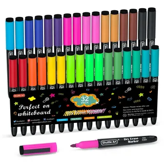 Shuttle Art Whiteboard Marker Set, 32 Whiteboard Stifte Set, 16 Farben Folienstifte abwischbar, magnetische Whiteboardmarker mit Radierer, folienstift wasserlöslich für Weißwand, Spiegel, Schule