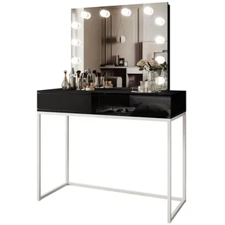 lookway Schminktisch, BLANCO LOFT ELITE mit Spiegel und Beleuchtung Schwarz Hochglanz, Silber, Holzwerkstoff, 100x146x42 cm, Schlafzimmer, Schminktische