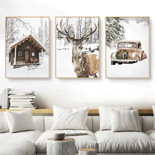 CULASIGN 3er Premium Poster Set, Modern Winter Bilder, Wandbilder Wanddeko für Wohnzimmer Schlafzimmer, Winterlandschaft Bilderset Elch, Holzhaus,Auto, Eichhörnchen,Wald - Ohne Rahmen (ABC,30x40cm)