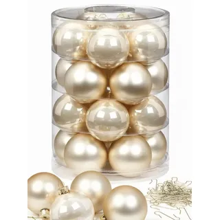 Inge Glas Weihnachtskugeln mit Haken | Schöne Christbaumkugeln aus Glas | Set 20 Kugeln und 40 Aufhänger | Christbaumschmuck Weihnachtsbaumkugeln (Champagne | beige)
