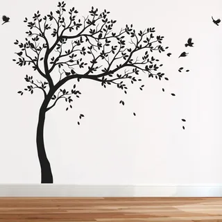 Großer Wandaufkleber Baum Mit Vögeln - Kinderzimmer Wandsticker Vinyl Wanddekor KW032 (Äste Nach Rechts, Alles in Schwarz)