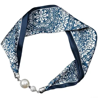 QuivyLivy Damen Schal Halskette mit Magnet Perlenverschluss, Retro Blumendruck Design, Simulierter Seidenschal, Einfacher Schnappverschluss, Tragen(N)
