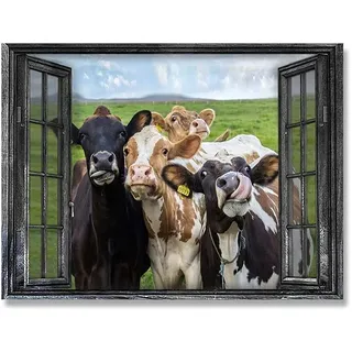 Kühe am Fenster Horizontal Poster Vintage Bauernhaus Kuh Wandkunst Bilder Wohnzimmer Kind Schlafzimmer Wohnkultur Kein Rahmen Leinwand (Color : A, Size : 21x30cm No Frame)