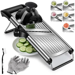 TUWENA Gemüsehobel Mandoline 5-In-1 Gemüseschneider Verstellbar Dünne Scheiben, Edelstahl Mehrzweck Küchenhobel Küchenreibe mit Klingenschützer silberfarben