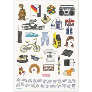 Luckies of London 80er Rubbel-Poster | Wandkunst mit Retro-Symbolen | Vintage-Raumdekor/Uni-Schlafzimmer-Dekor | interaktive Poster und Drucke | Indie-illustrierte Wanddrucke | Neuheit Geschenke
