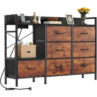 YITAHOME Kommode Schlafzimmer mit 7 Stoffschubladen, Kommode mit 2 Steckdosen, 2 USB-Anschlüssen, TV-Schrank mit seitlichen Haken,Braun