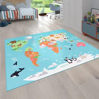 Paco Home Kinder-Teppich Für Kinderzimmer, Spiel-Teppich, Weltkarte Mit Tieren rutschfest In Türkis, Grösse:80x150 cm
