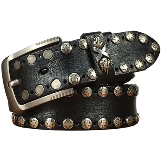 JIARY Ledergürtel Herren, Herren-Gürtel Nietengürtel Punk Lässiger Verstellbarer Western Motorrad Echtledergürtel Vintage mit Dornschließegürtel aus Legierung,Schwarz,120CM/47.3''